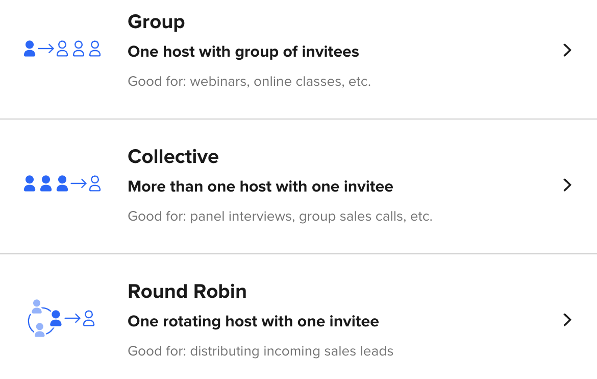 Screenshot of the "Create New Event Type" page in Calendly showing Event Types: Group, Collective, and Round Robin.