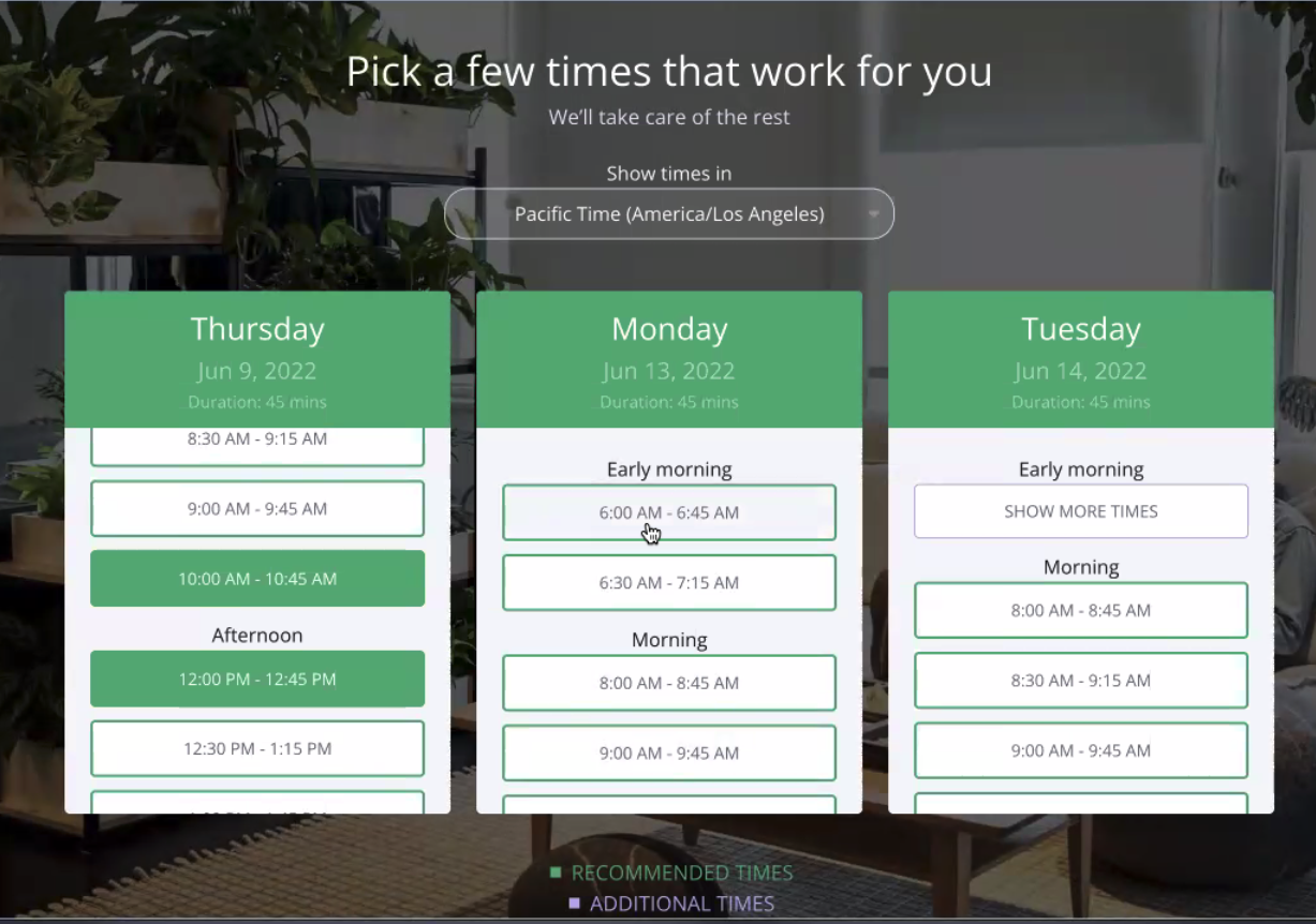 Screenshot of GoodTime Hire interface where candidates must self-select interview times Screenshot of GoodTime Hire interface where candidates must self-select interview times