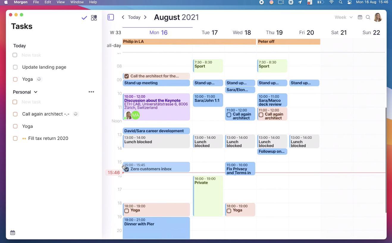 Morgen's calendar interface on desktop