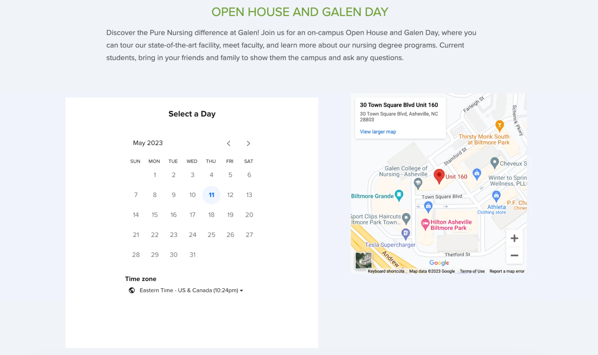 Screenshot of the Galen College of Nursing's "Open House and Galen Day" webpage. There is a block of text describing the event above an embedded Calendly calendar and a Google Map.