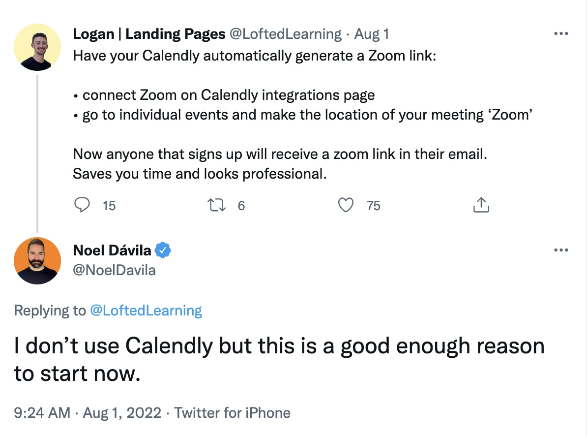 Tweets about automatically generating a Zoom link from Calendly