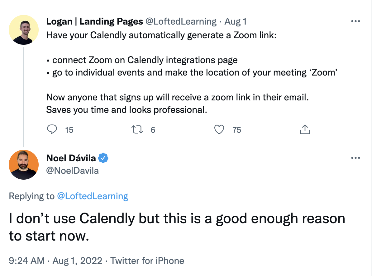 Tweets about automatically generating a Zoom link from Calendly