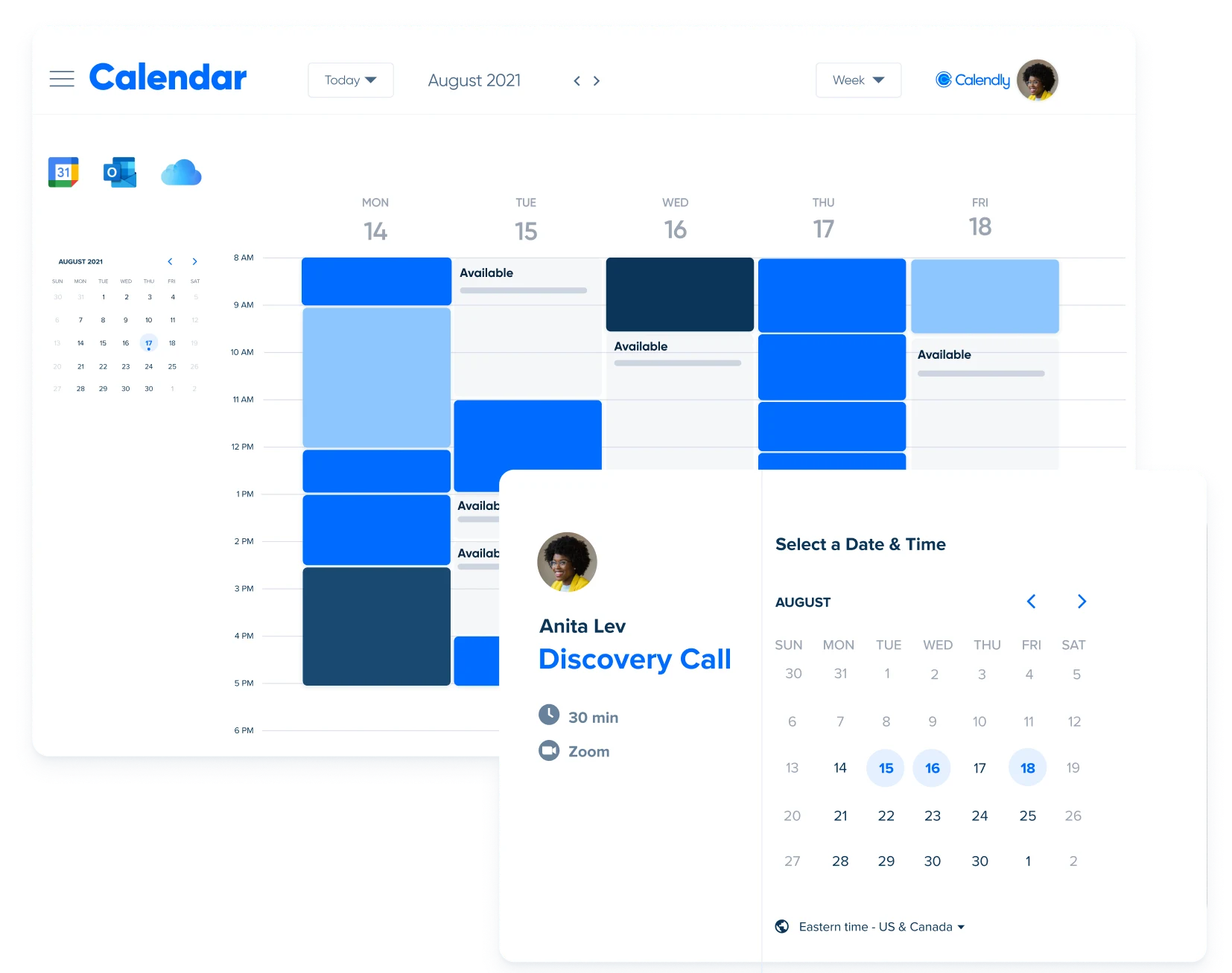 Stylized screenshot of a calendar showing busy and free time slots, as well as a Calendly booking page to select a date and time for a <a href=