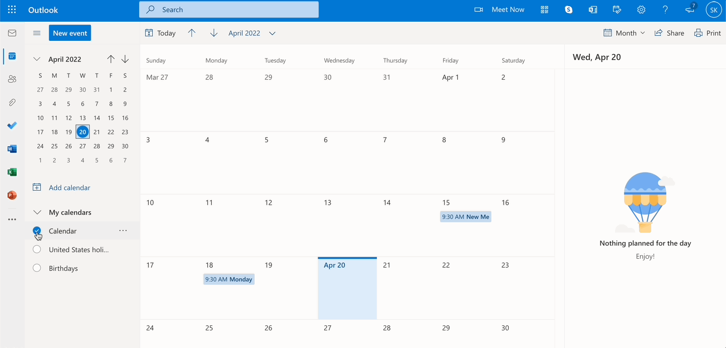 GIF showing the monthly view of an Outlook calendar. The user clicks Share and gives another user permission to view all details of the Outlook calendar.