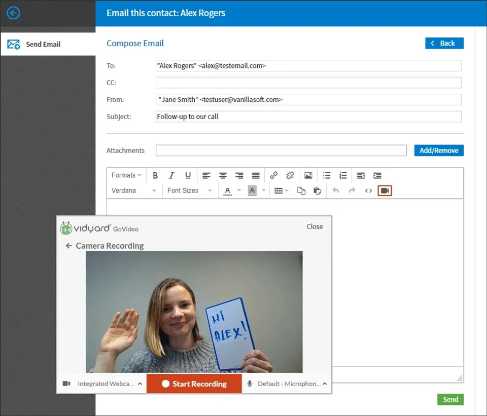 Screenshot showing how VanillaSoft allows you to embed personalized videos into emails.