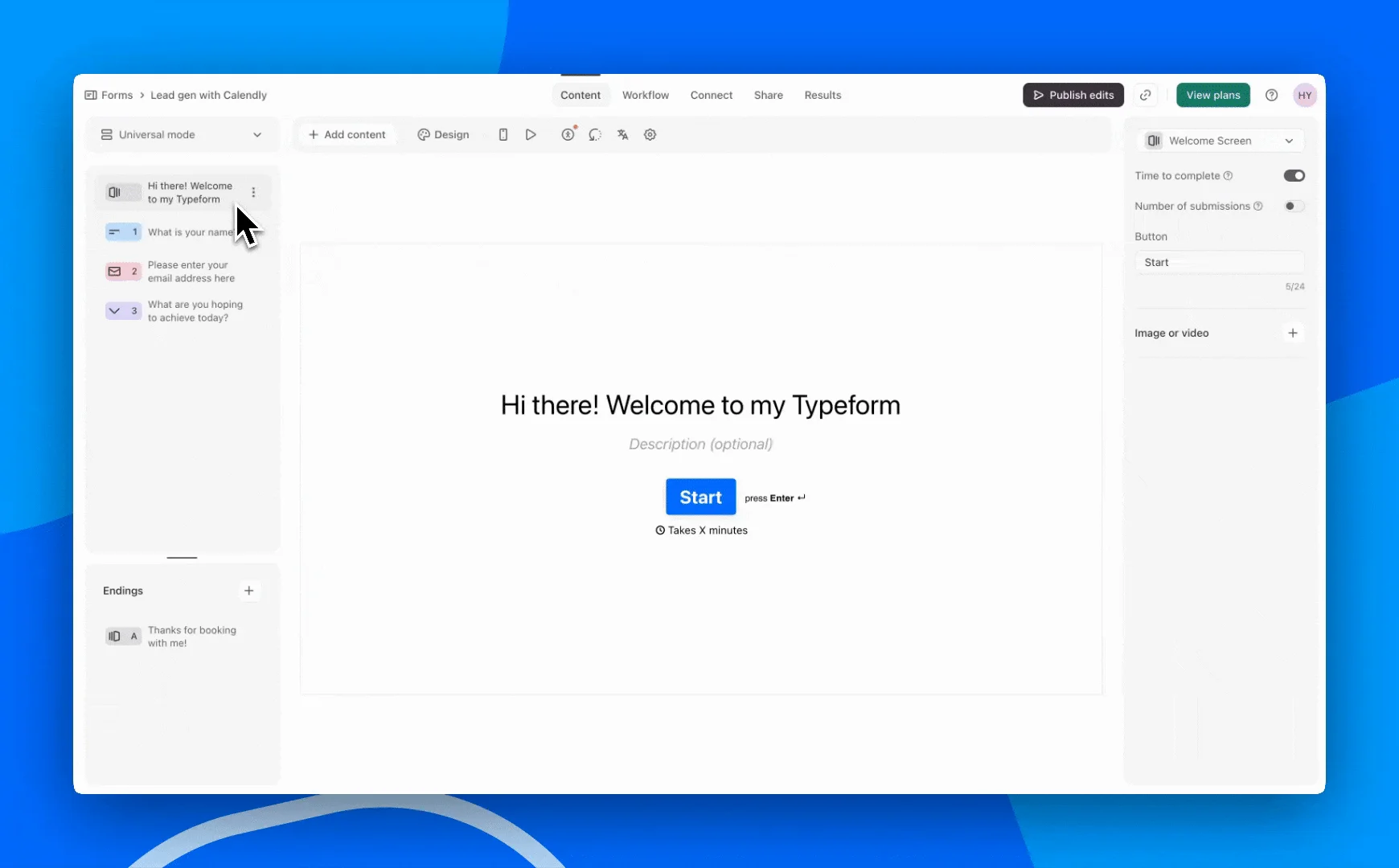 GIF showing the Calendly signup experience within Typeform's app, powered by Calendly's OAuth 2.0 connection.
