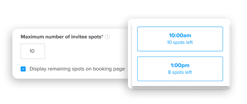 Stylized screenshot of Group meetings settings in Calendly. The maximum number of invitee spots is set, "Display remaining spots on booking page" is checked, and two time slots are shown with the number of spots left included.