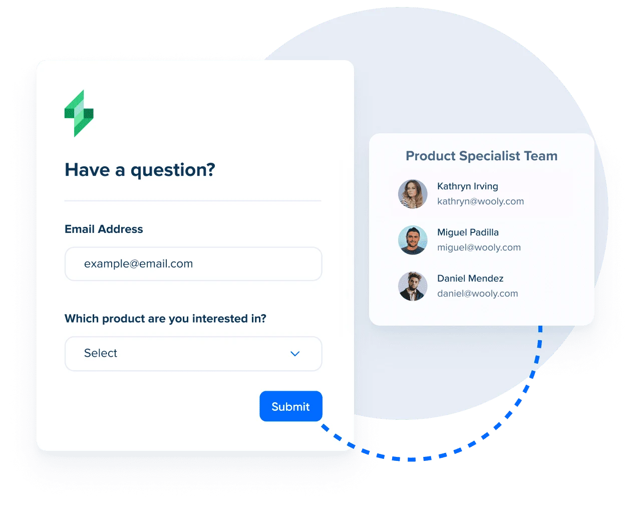 Stylized screenshot of a customer success form that connects the customer with the Product Specialist Team.