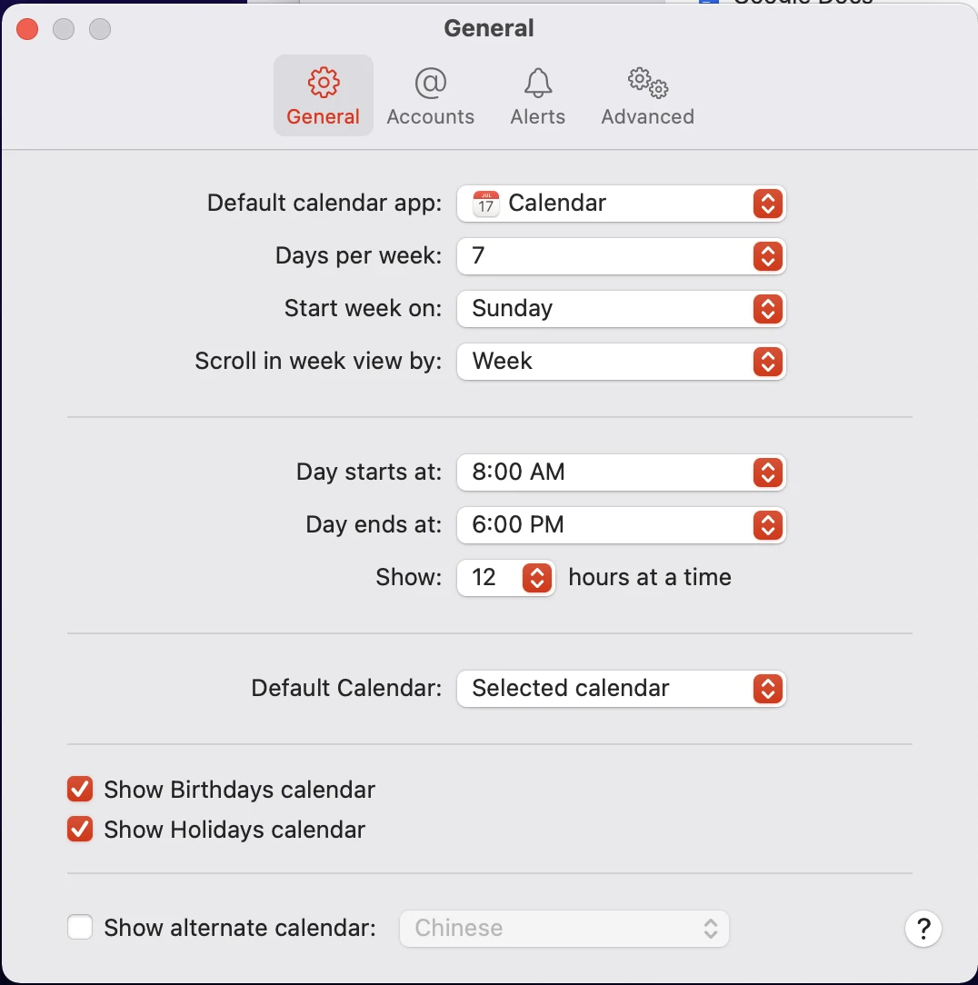 Apple Calendar General settings screenshot