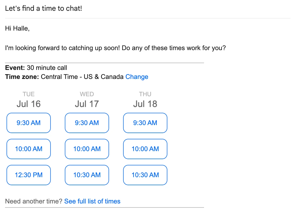 Screenshot of the email composer in Gmail. The email body includes grid of available meeting times across three days. Below, it reads "Need another time? See full list of times."