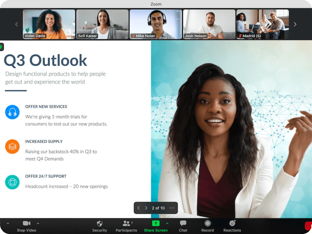 Screenshot of a Zoom meeting in which a woman is giving a presentation titled "Q3 Outlook" to teammates