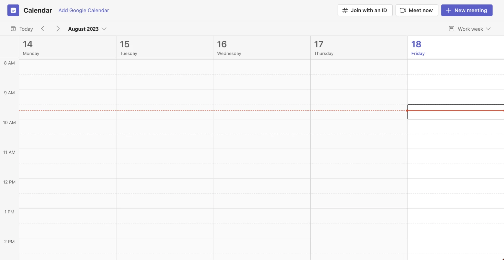 Screenshot of the weekly view of a Microsoft Teams calendar.