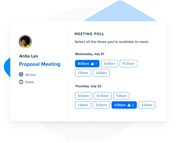 Screenshot of a Calendly meeting poll where a sales rep is inviting several people to vote on the best meeting time for a proposal meeting.