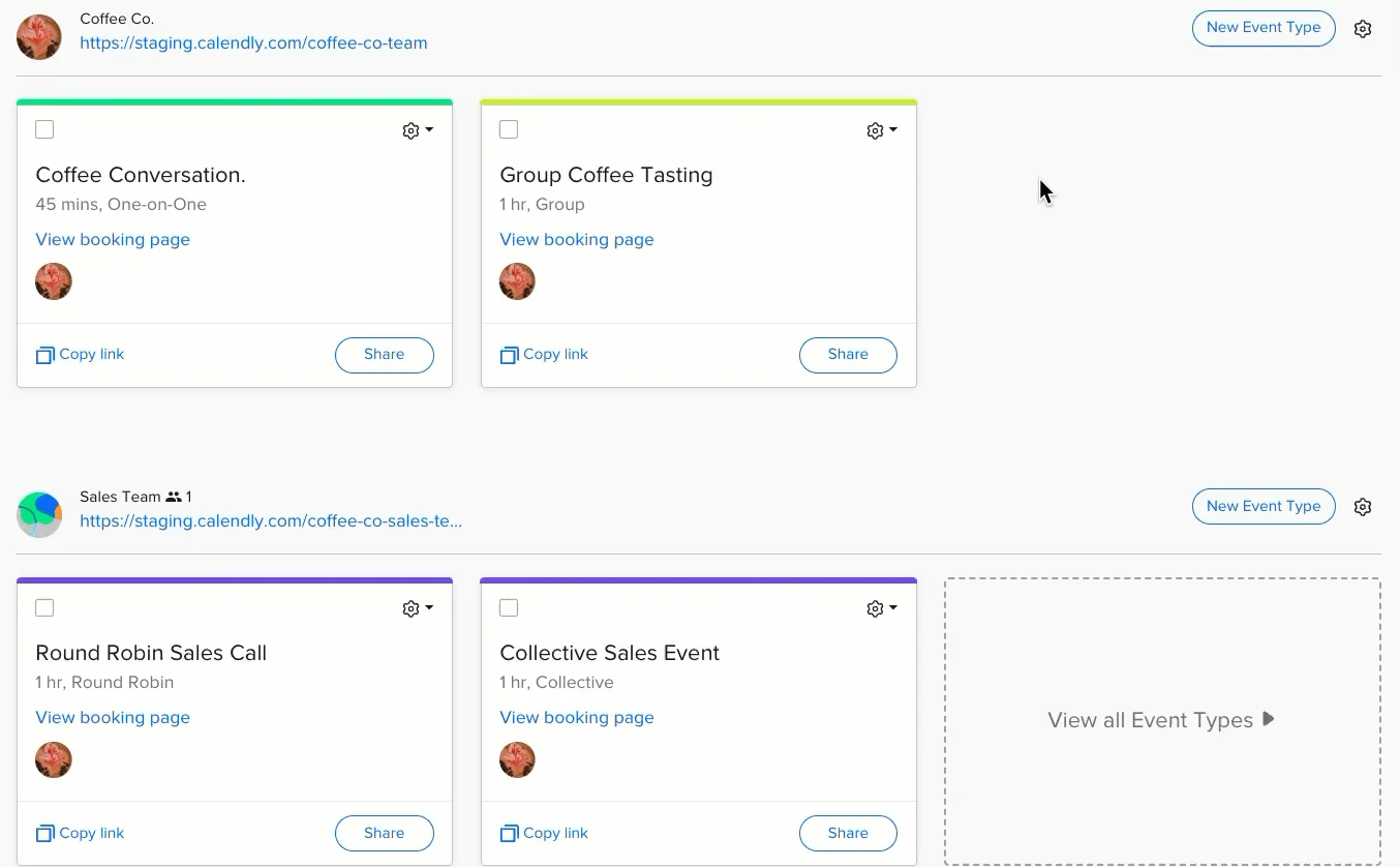 GIF showing a user getting the embed code for a single Event Type from their Calendly home page.