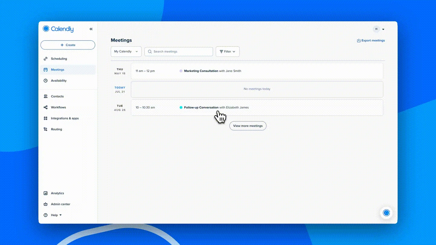 GIF showing the process of sending a reschedule request from the Meetings page in Calendly. The user selects a meeting, clicks Reschedule, customizes the email copy, adjusts the reminder nudge, and sends the email.