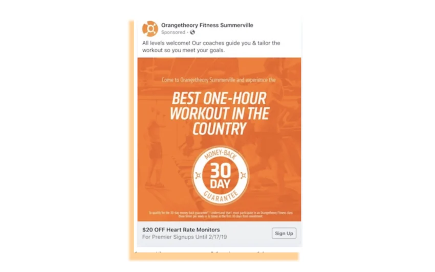 social media post from Orangetheory advertising "BEST ONE-HOUR WORKOUT IN THE COUNTRY" with a 30-day guarantee