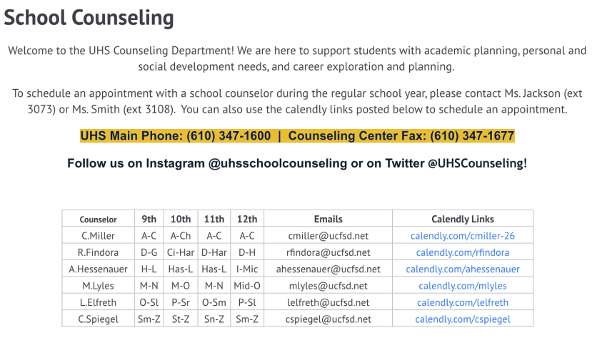 Unionville High School counseling page screenshot