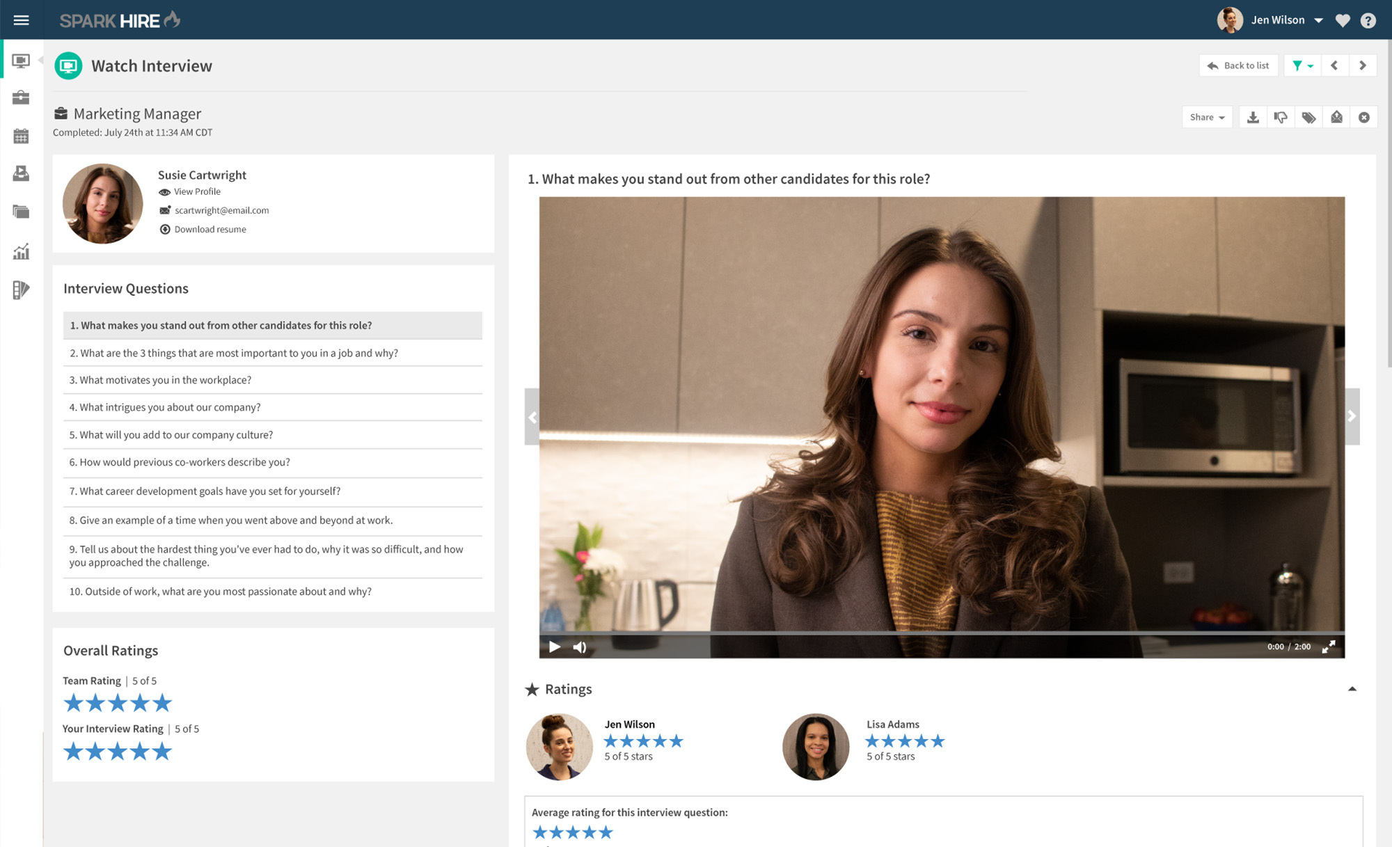 Spark Hire offers a video call view where you can see the candidate as well as interview questions and ratings. Image via Spark Hire.