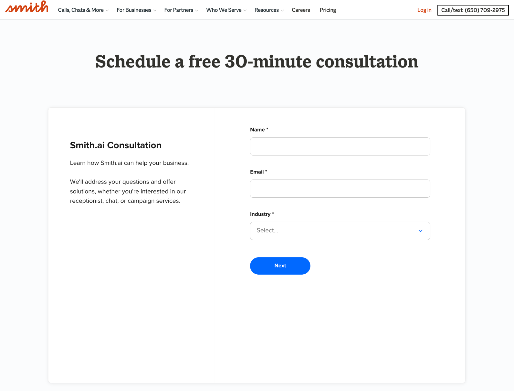 Screenshot of "Schedule a free 30-minute consultation" page on the Smith.ai website. The form asks for name, email, and industry.