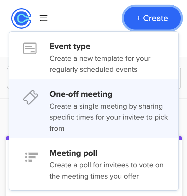 Screenshot of the "Create" menu in the Calendly for Chrome extension, showing options to create an "Event type", "One-off meeting", or "Meeting poll".
