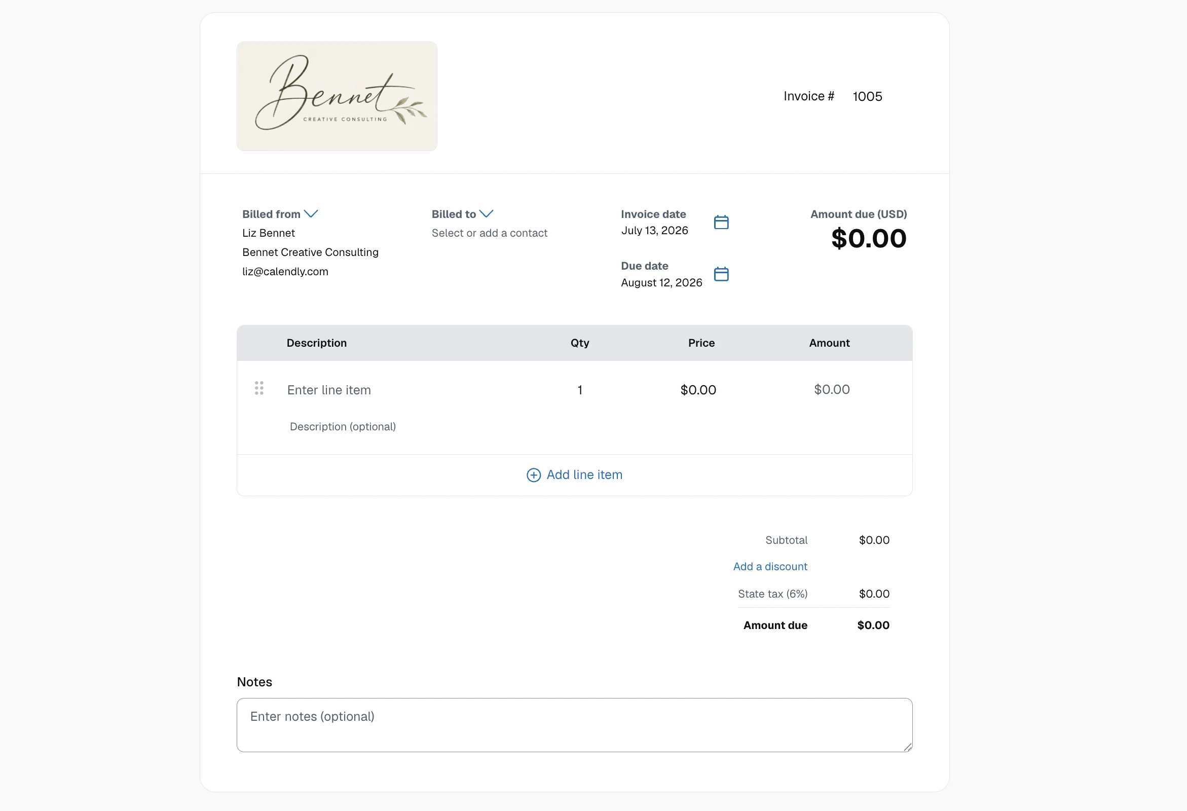 Calendly invoice builder showing a branded invoice template with billed from and billed to fields, invoice and due dates, line items, discounts, taxes, and notes.