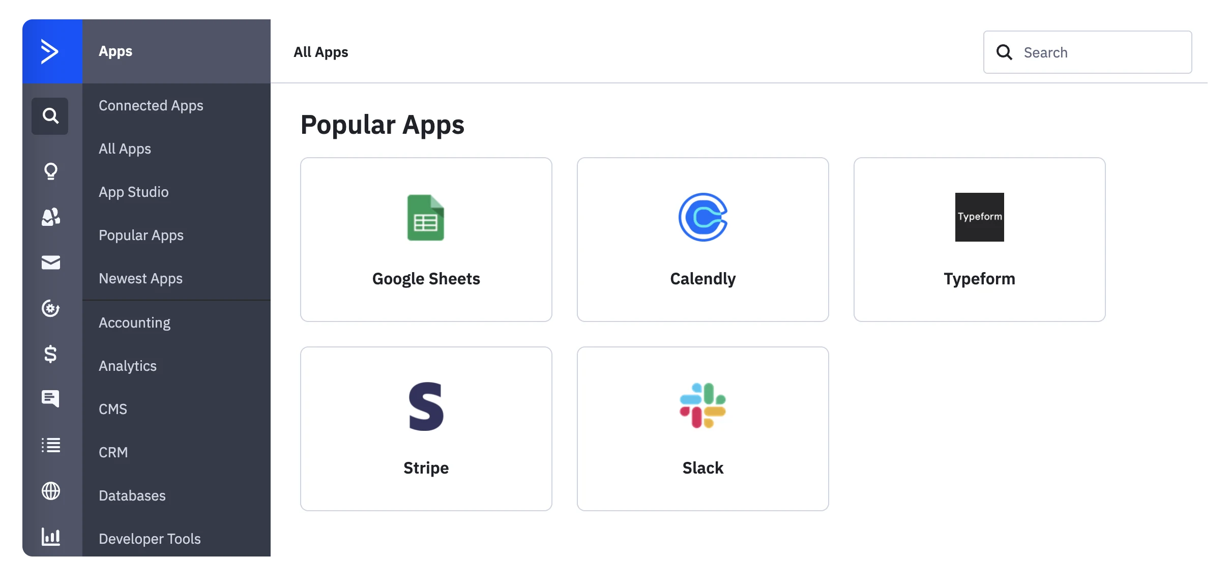 Popular apps available within ActiveCampaign: Google Sheets, Calendly, Typeform, Stripe, Slack