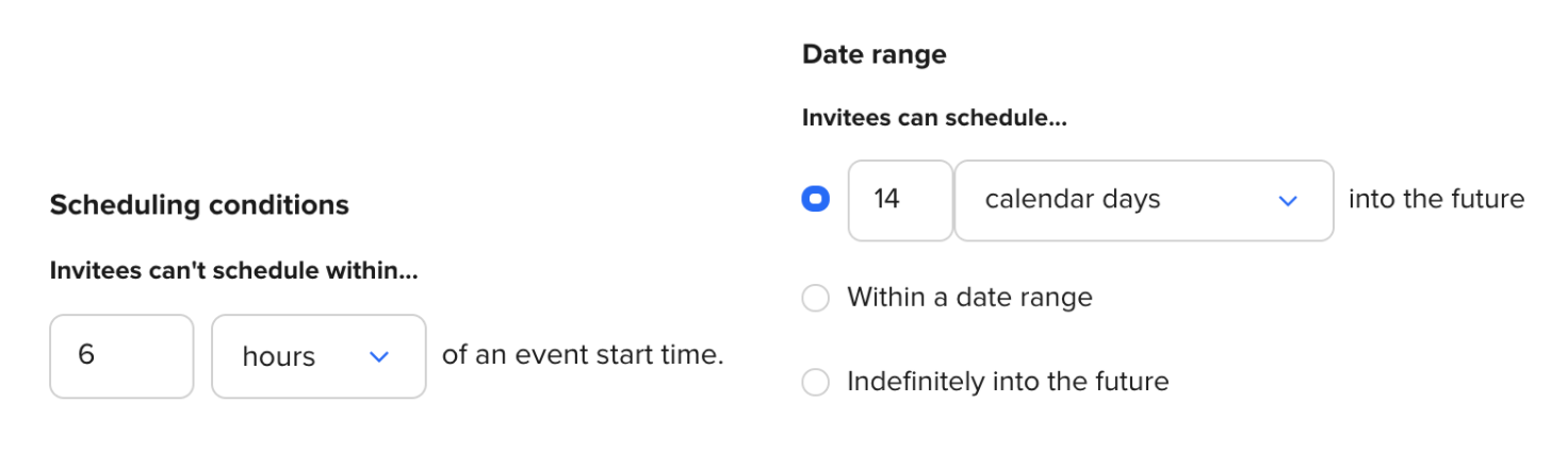 Utilize regras para definir a faixa de datas em que você pode aceitar reuniões e defina o tempo mínimo para o agendamento de um evento.