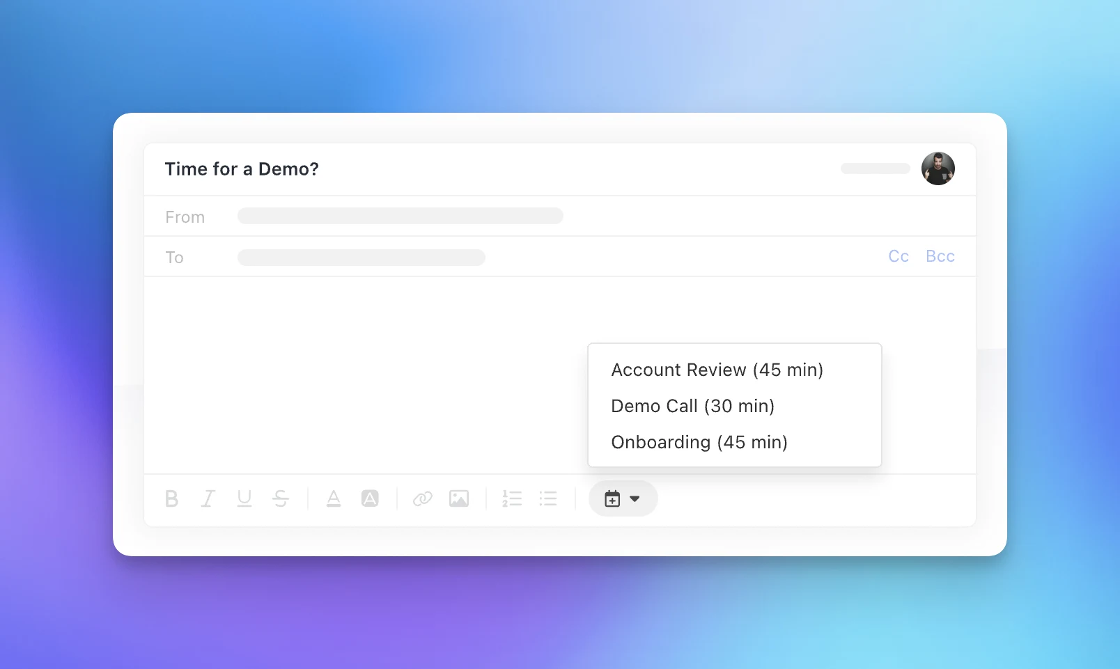 Stylized screenshot of adding a Calendly Event Type link to an email or template in Close CRM.