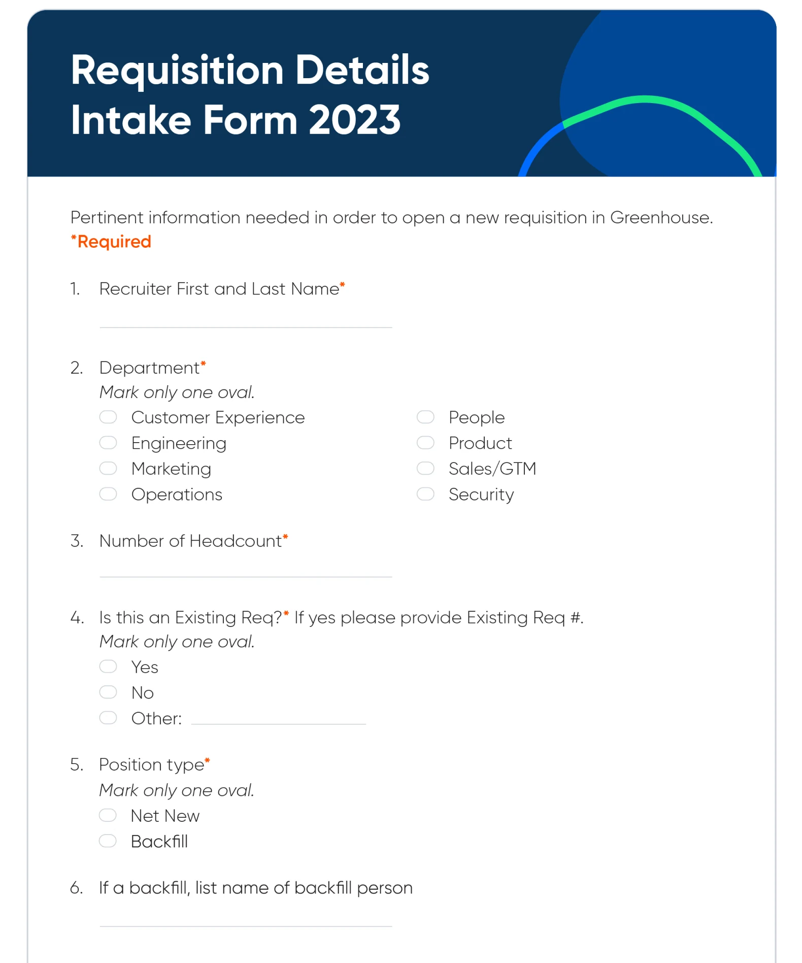 Stylized screenshot of Calendly's requisition details intake form. The form asks for important details from the hiring manager to help complete the job listing.