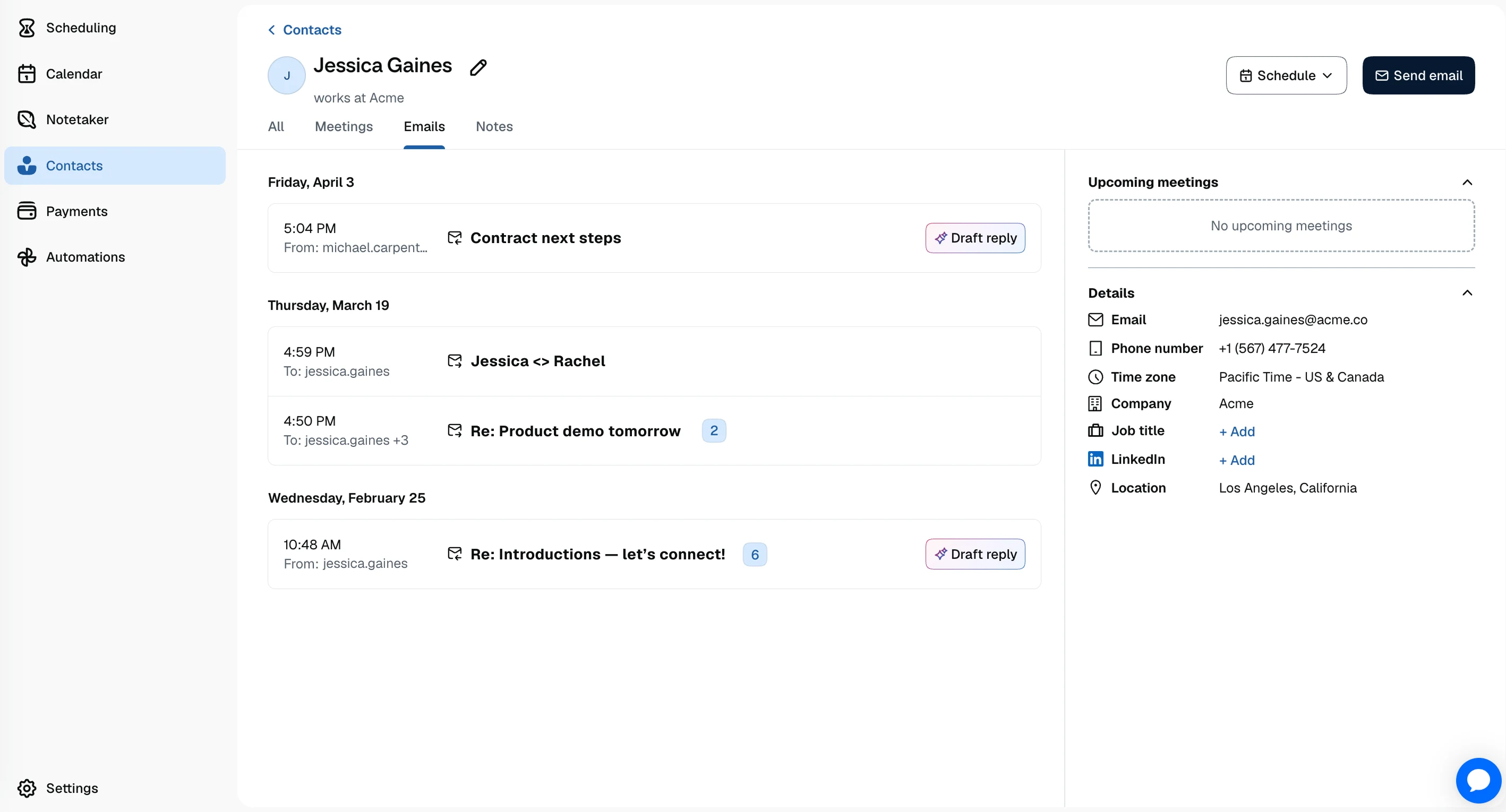 Screenshot of a Calendly contact profile for Jasmine Chambers, with the Emails tab selected. The page shows a list of recent email threads grouped by date, including “Re: Product demo tomorrow” and “Jasmine <> Riza,” plus a “Draft reply” button.