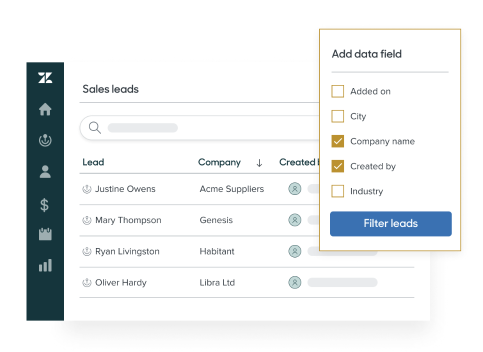 Stylized screenshot of the Zendesk Sell dashboard showing a list of sales leads and options for filtering by data field.