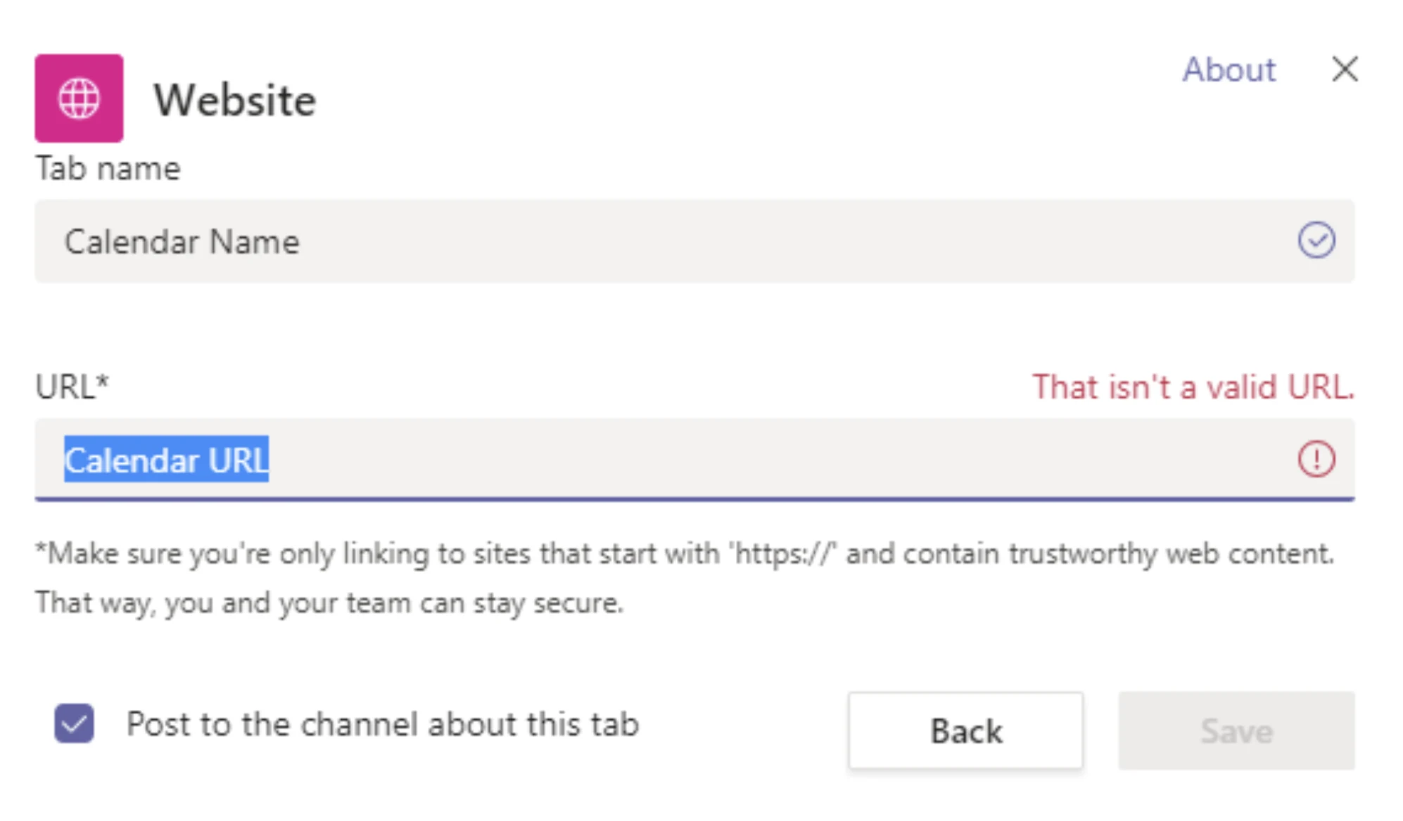 Screenshot of adding a website tab to a Microsoft Teams channel.