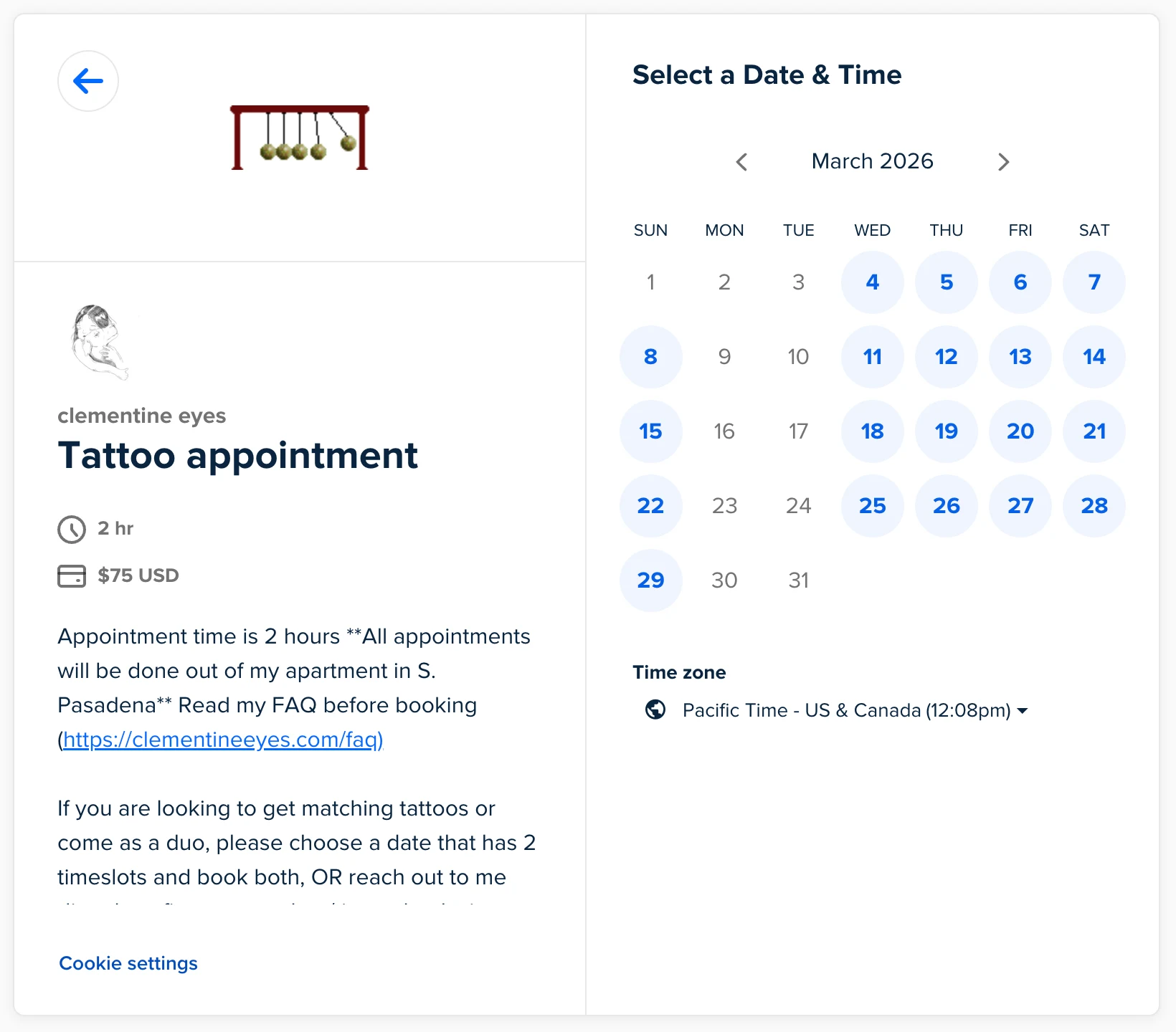 Screenshot of a Calendly booking page for a tattoo appointment. There is a $75 deposit required.
