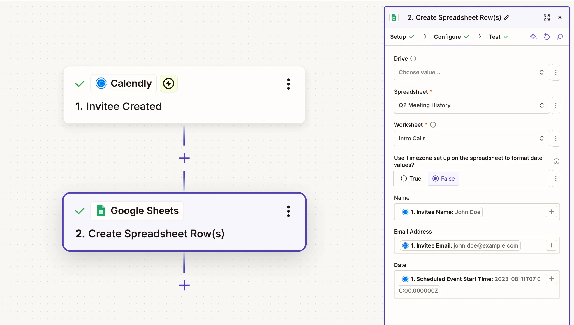 Screenshot of zap setup for trigger Invitee Created in Calendly and action Create Spreadsheet Row in Google Sheets.