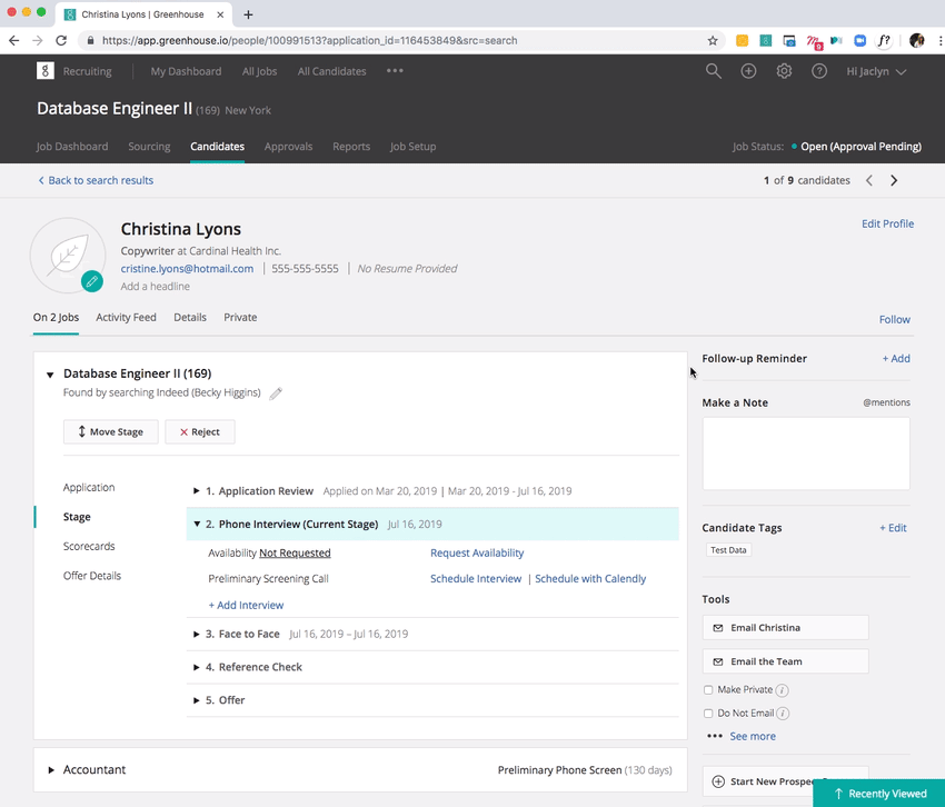 GIF showing Calendly's meeting scheduling integration into the Greenhouse Application Tracking System