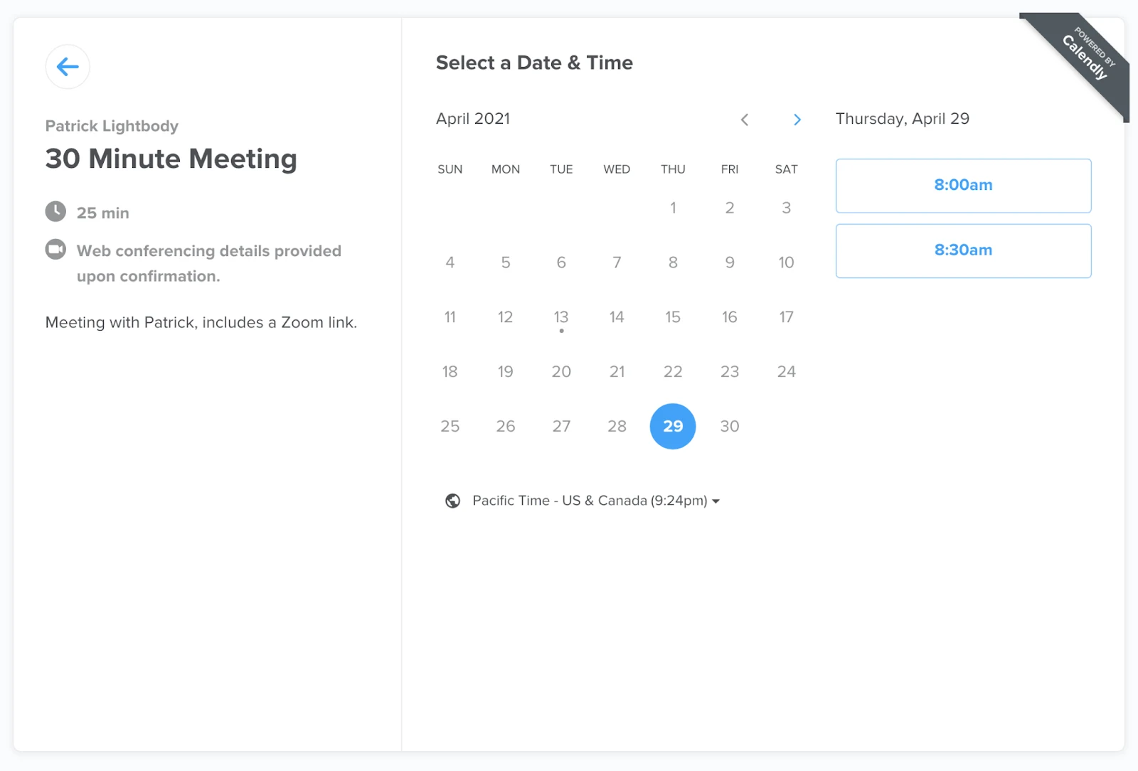 Screenshot of what a 30-minute meeting booking page looks like for the recipient