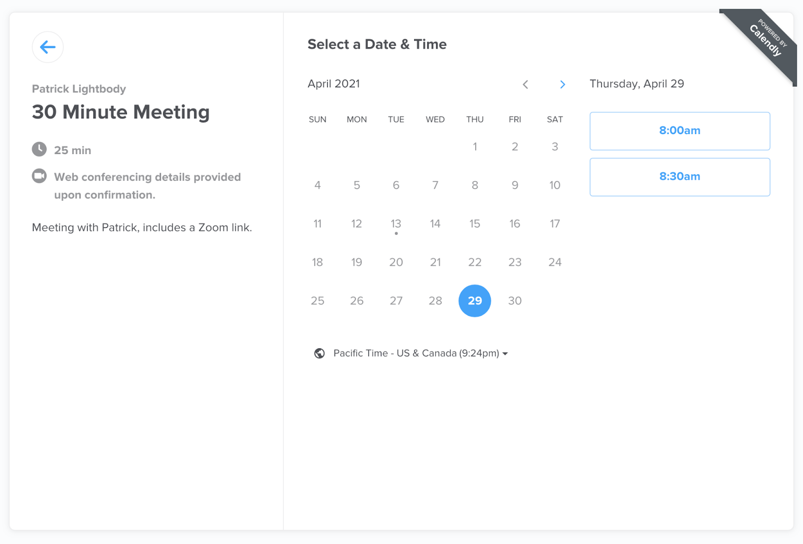 Screenshot of what a 30-minute meeting booking page looks like for the recipient