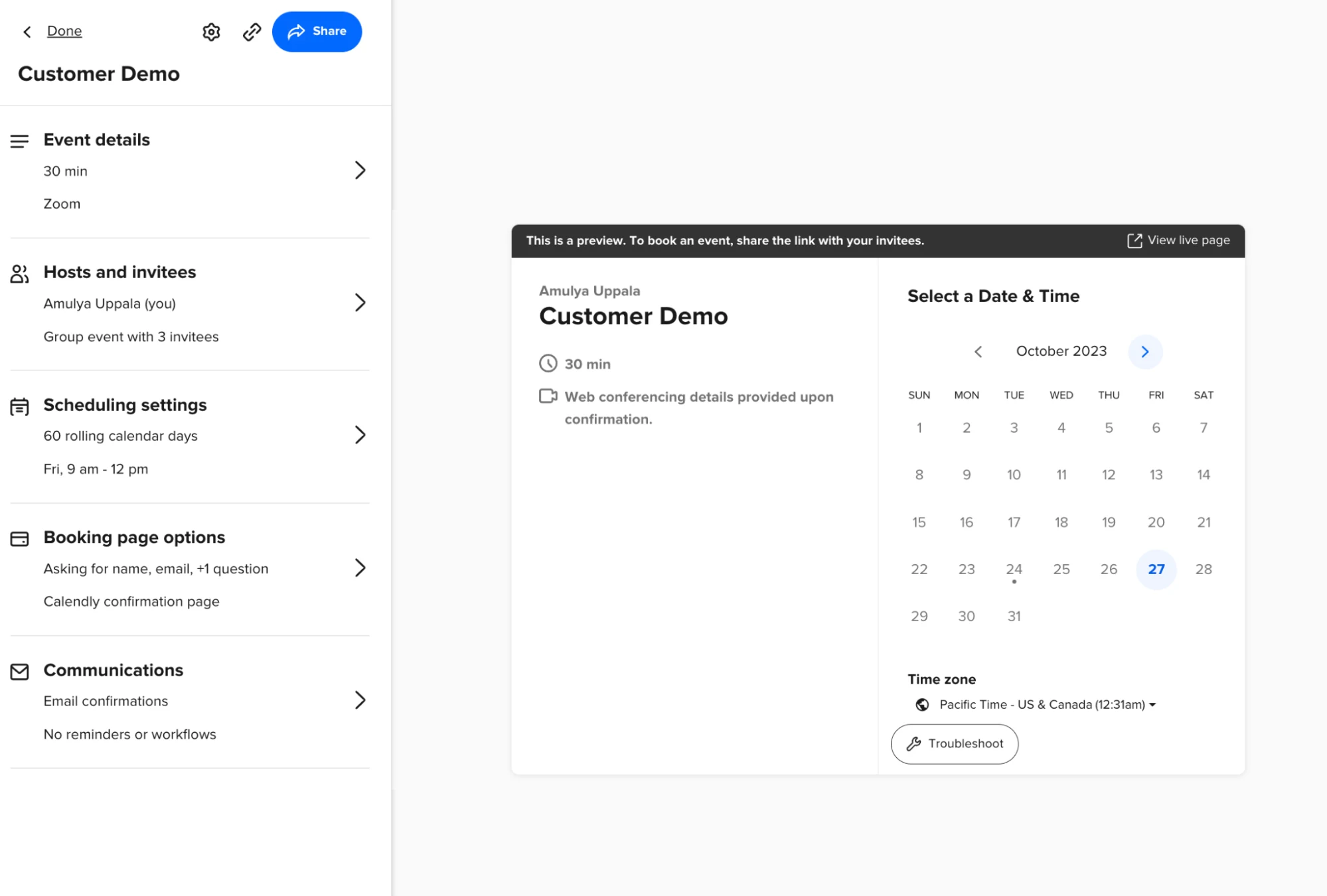 Screenshot of the Calendly Event Type editor for a Customer Demo Event Type. A preview of the booking page is shown, and the left-hand sidebar shows event details, hosts an invitees, scheduling settings, booking page options, and communication options.