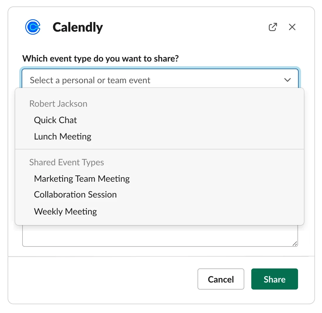 Screenshot of the Calendly app in Slack showing how to share a link to a Calendly event.