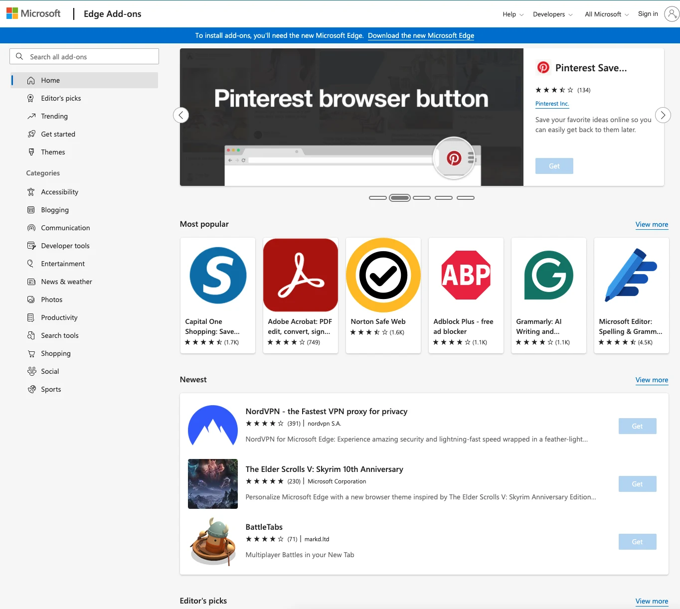 Screenshot of Microsoft Edge’s Add-Ons store, which is one example of an official marketplace to download safe browser extensions.