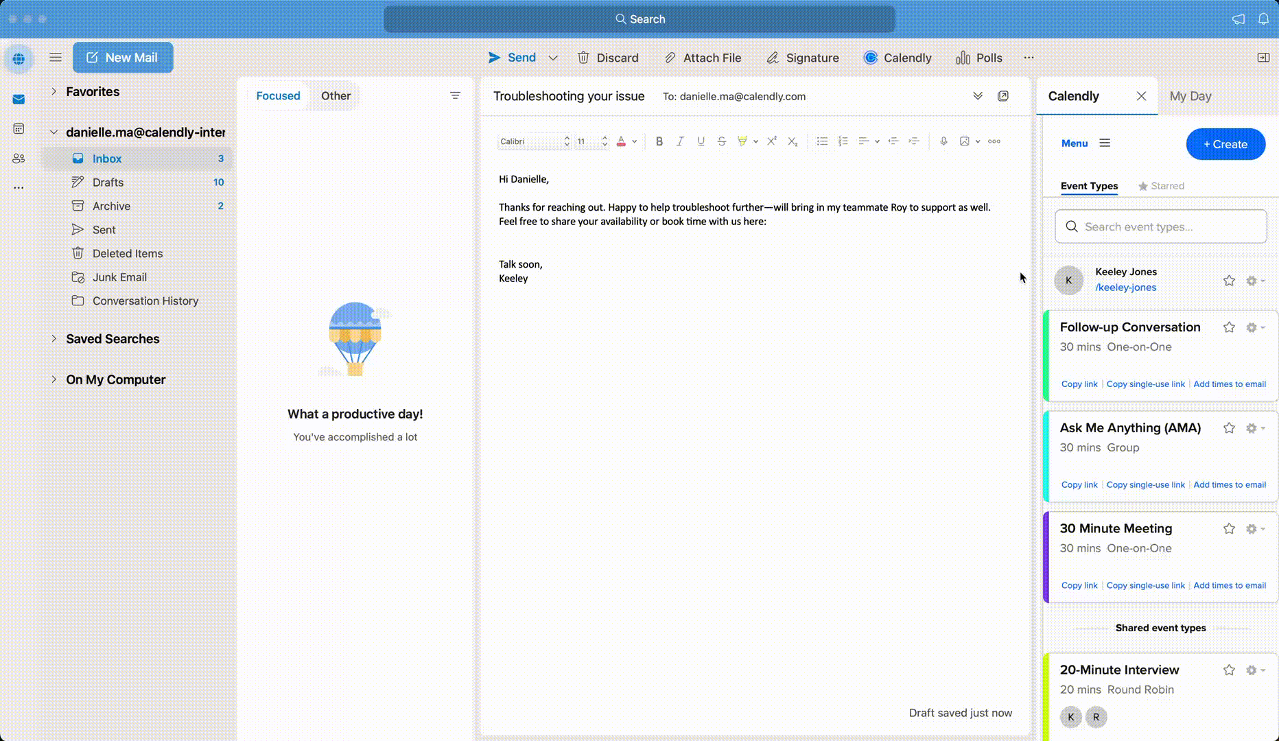 GIF showing the Calendly Outlook add-in in an Outlook inbox. The user searches for an Event Type, copies the link, and pastes it into the email body.