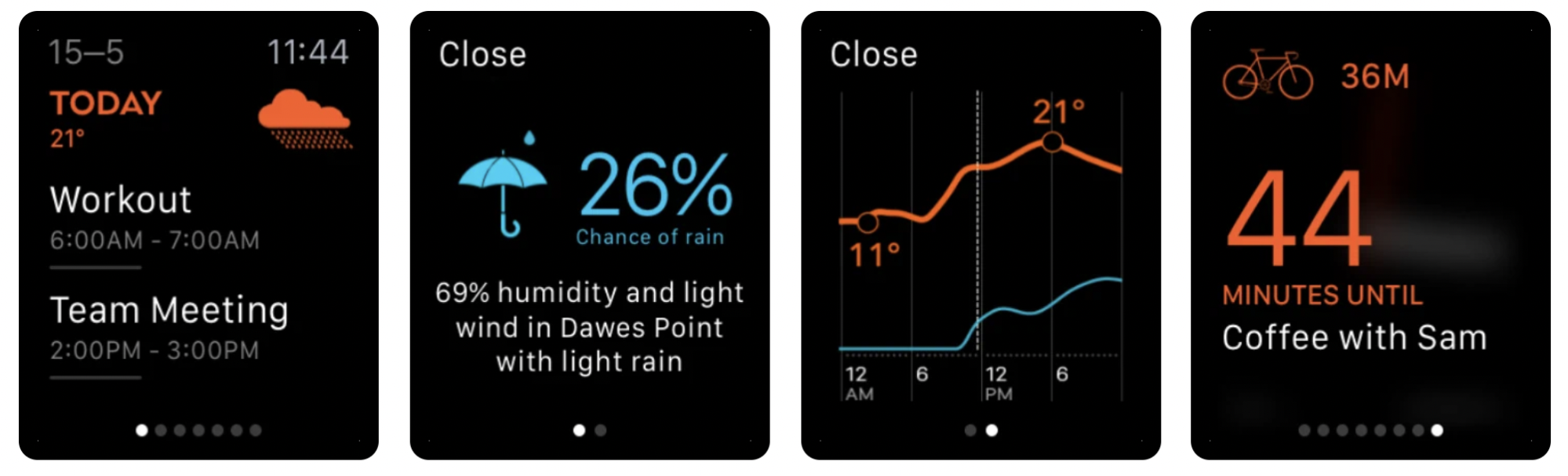 4 examples of the Timepage interface on the Apple Watch
