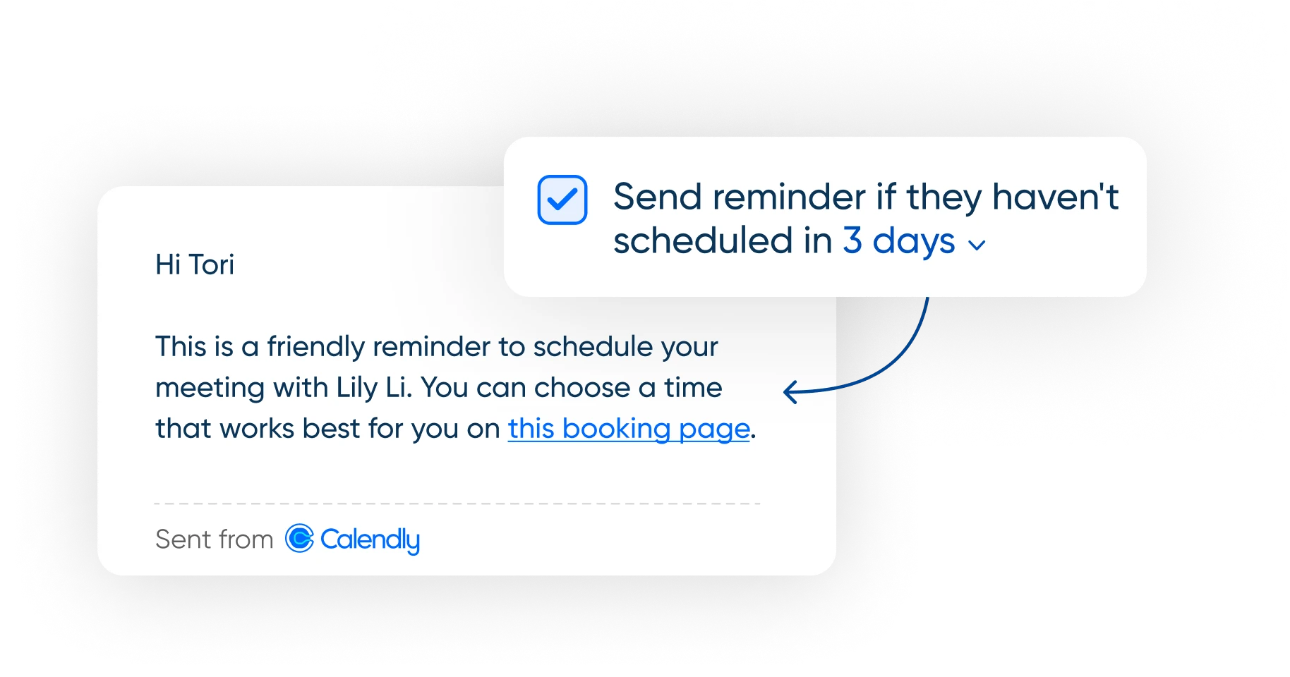 Stylized screenshot of the reminder nudge in the Calendly email composer. The box next to "Send reminder if they haven't scheduled in 3 days" is checked.