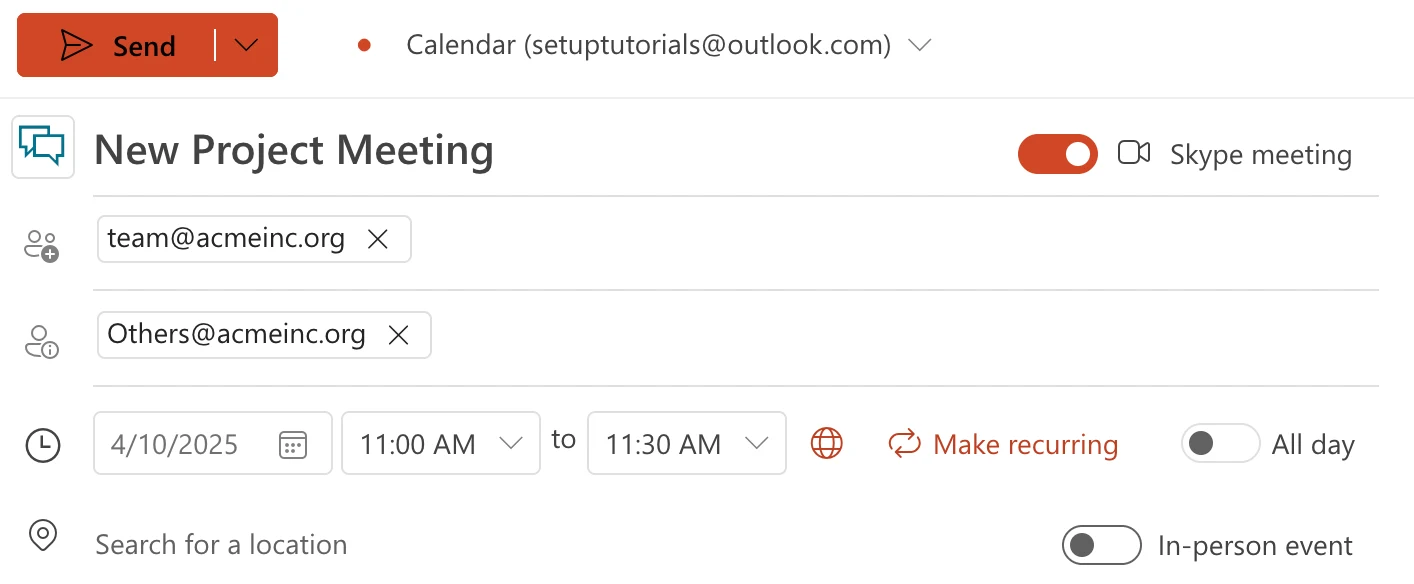 Screenshot of creating a new event in Microsoft Outlook calendar. Team@acmeinc.org is in the attendee field and others@acmeinc.org is in the optional attendee field.