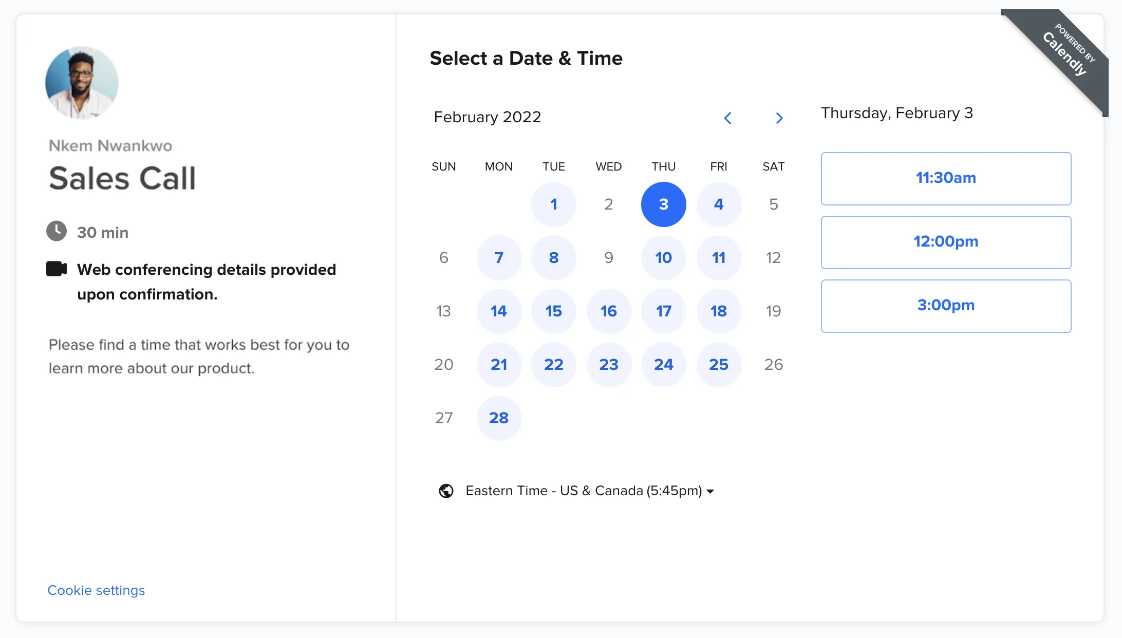 Screenshot showing an example of a Calendly booking page