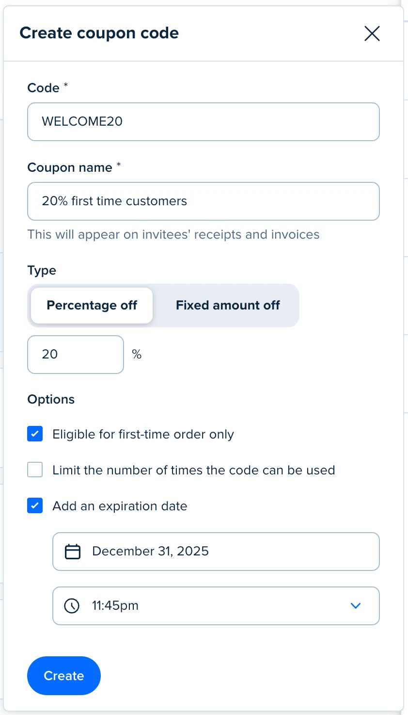Screenshot of the coupon code creation view in the payment settings of a Calendly Event Type
