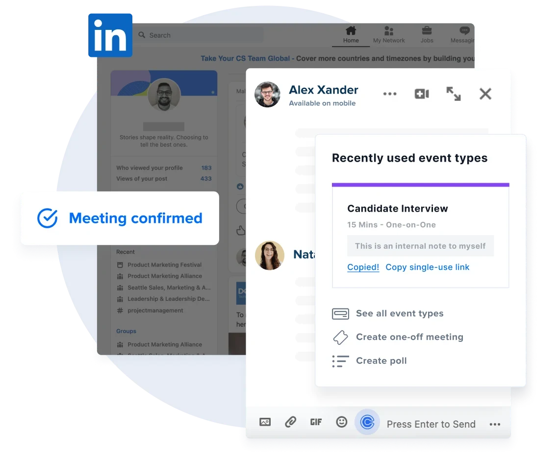 Stylized screenshot of LinkedIn Messenger with the Calendly browser extension. A "Candidate Interview" Event Type is added to a LinkedIn message.