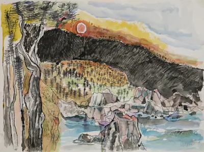 View of the Stewarts Point Forest Fire from the Halprin Residence, 1980 Watercolor and pen on paper