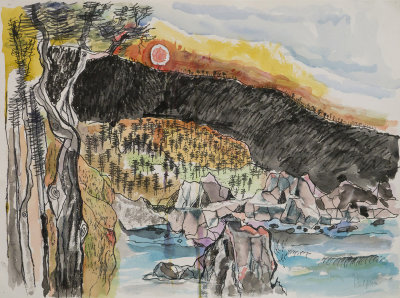 View of the Stewarts Point Forest Fire from the Halprin Residence, 1980 Watercolor and pen on paper