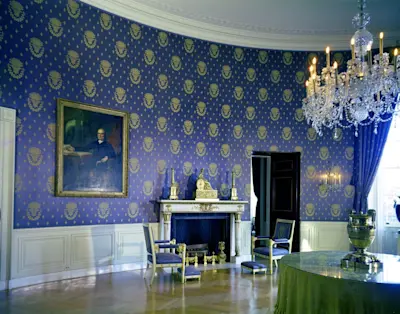 Blue Room Before Restoration. Photo courtesy of John F. Kennedy Presidential Library and Museum.